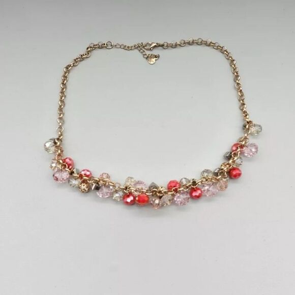 LOFT Necklace Boho Pink Cluster Beaded Bib Pendant Gold Tone Chain 20 Inch - Picture 2 of 7